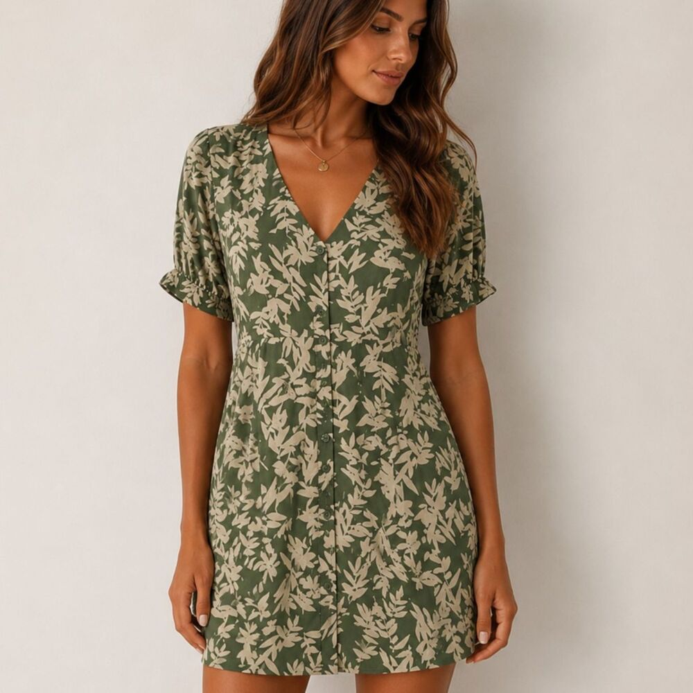 ba&sh Tais Olive Green Botanical Button Front Puff Sleeve Mini Dress Medium 6